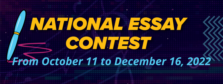 National Essay Contest Banner. Yellow font on black background with a blue ballpoint pen on the lefthand side.